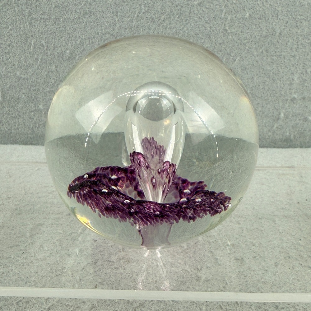 Vintage Seda Sweden Art Glass Paperweight Purple Trumpet Flower Signed 1984